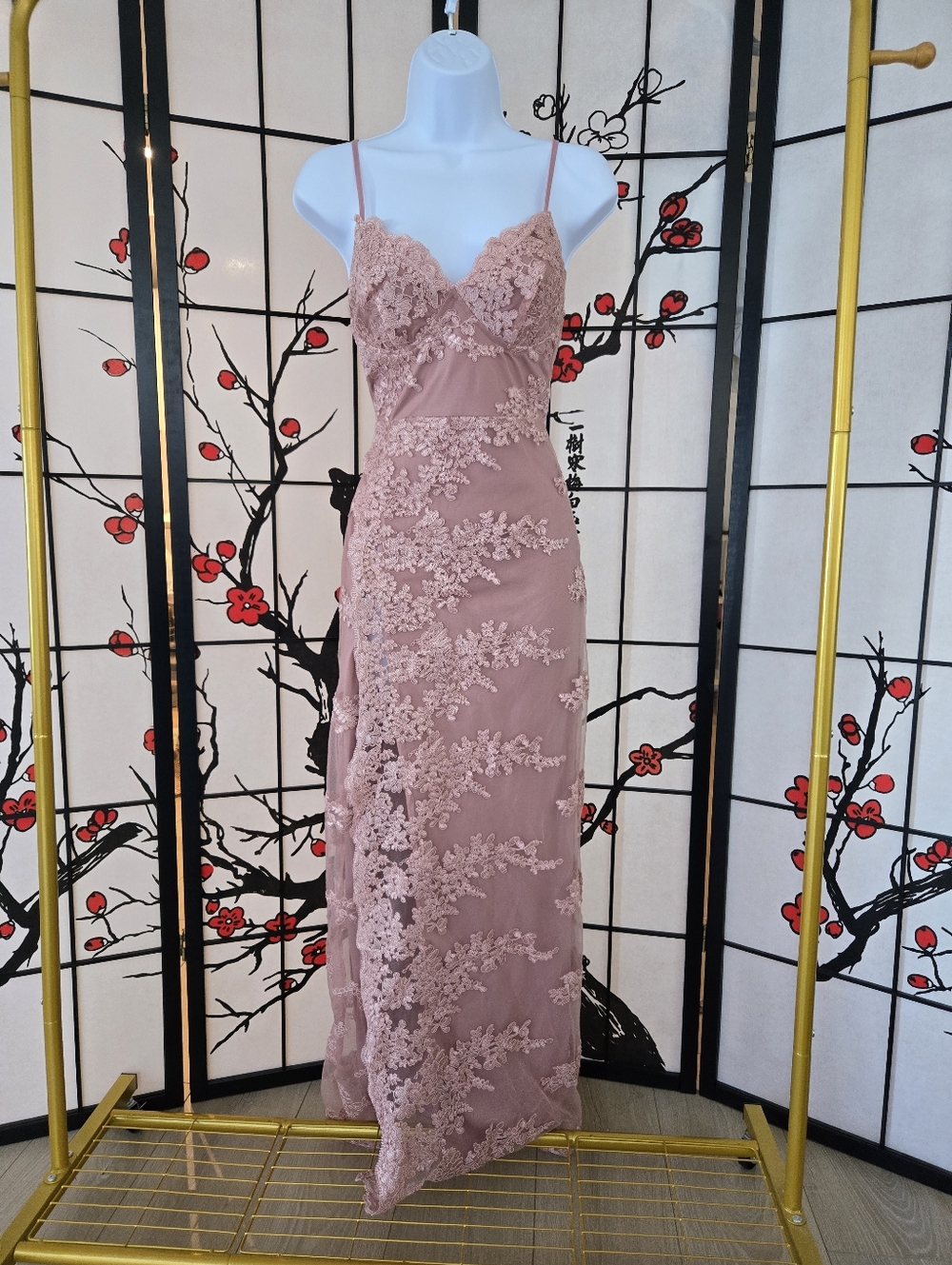 Fashion Nova Blush Pink Lace Maxi Slip Dress